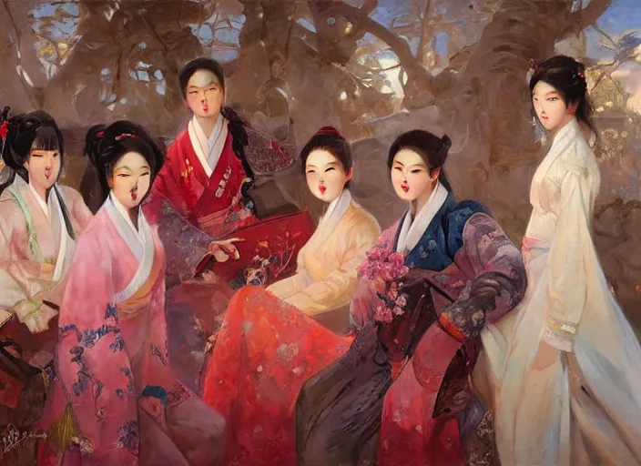 Image similar to detailed group portrait of blackpink wearing hanfu, natural light, painting by gaston bussiere, craig mullins, j. c. leyendecker