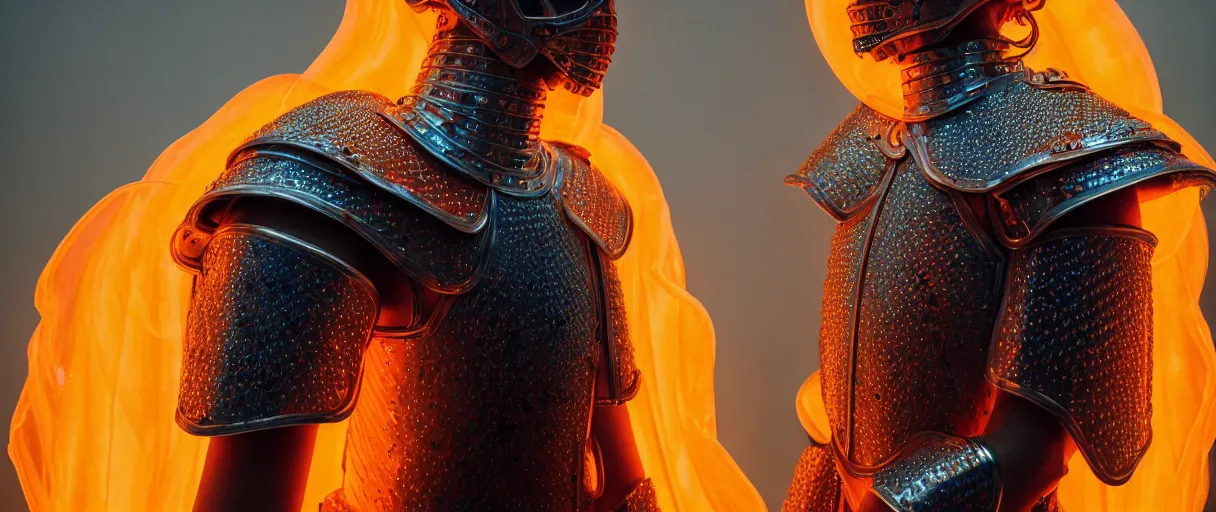 Image similar to hyperrealist highly detailed english medieval portrait of high fashion archangel wearing flame fire smoke flame armor, radiating atomic neon corals, veiny network growth with ghostly ghost translucent ghost armor, concept art pascal blanche dramatic studio lighting 8k wide angle shallow depth of field