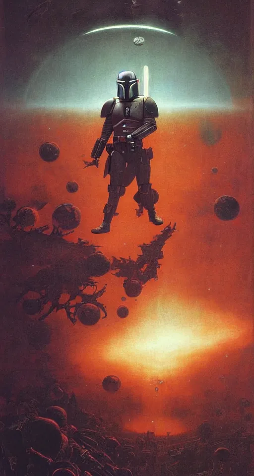 Prompt: dramatic mandalorian with backlight by beksinski on a background with destroyed planets and atomic bomb explosion