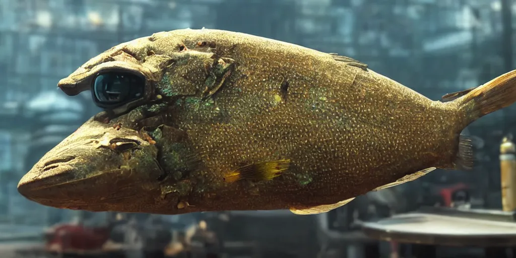 Image similar to low - angle medium shot of an steampunk tetrapod trigger fish from the future on its first day of driver's ed learning to parallel park. 8 k, 4 k, hq, 3 d render, digital art, dramatic lighting, comedy, science fiction, hyper realistic, ultra detailed. style of arrival, fifth element.