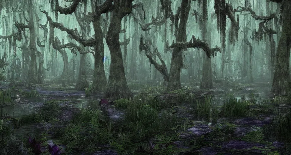 Image similar to A dense and dark enchanted forest with a swamp, from WOW