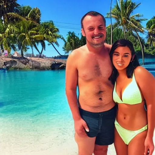 Image similar to photo of a 4 0 year old man that looks young for his age dating a very attractive and completely legal 1 8 year old woman wearing a bikini.