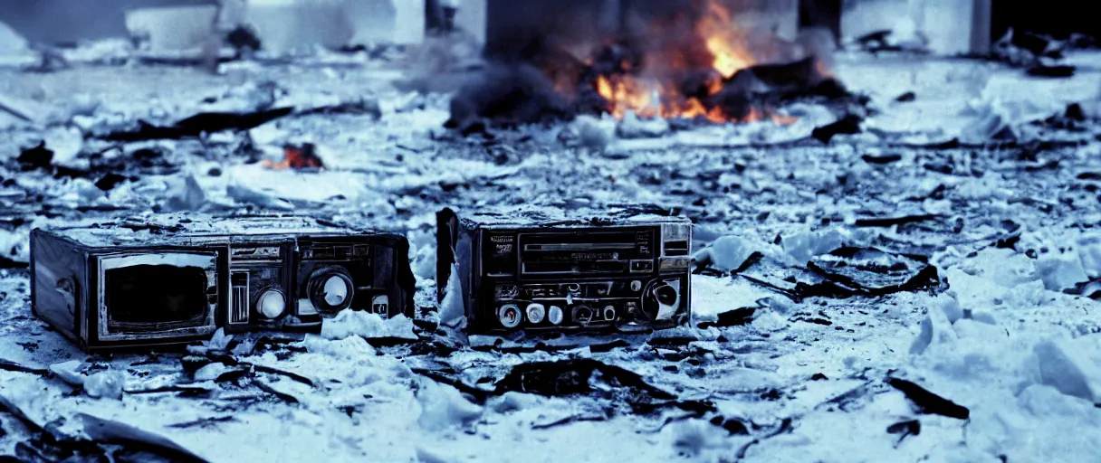 Image similar to filmic extreme closeup dutch angle movie still 4k UHD 35mm film color photograph of a texas instrument data tape player partly melted and burnt with smoke rising behind it, sitting among the rubble of a completely burned down structure in the snow in Antarctica at night