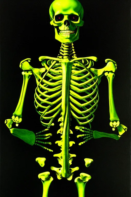 Image similar to portrait of a cybernetic skeleton holding one hand aloft, glowing green candles, oil painting, high detail, dark lighting, atmospheric, extremely detailed, intricate, da vinci, michelangelo, caravaggio, hans holbein, raphael, donatello, 8 k