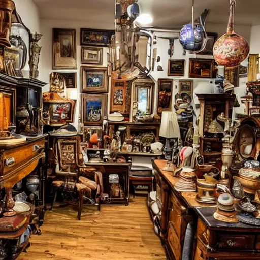 Prompt: a wide angle photo of an antique shop