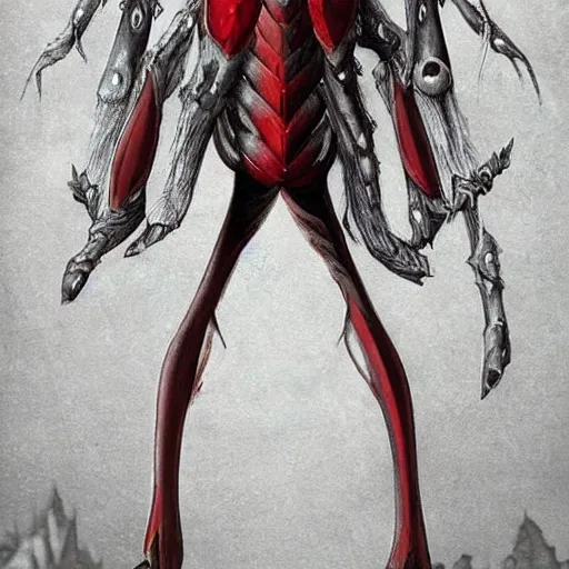 Image similar to An elf with an ashen complexion, large red eyes without irises. Body decorated with insectoid armour. Priest of a long, long forgotten god.