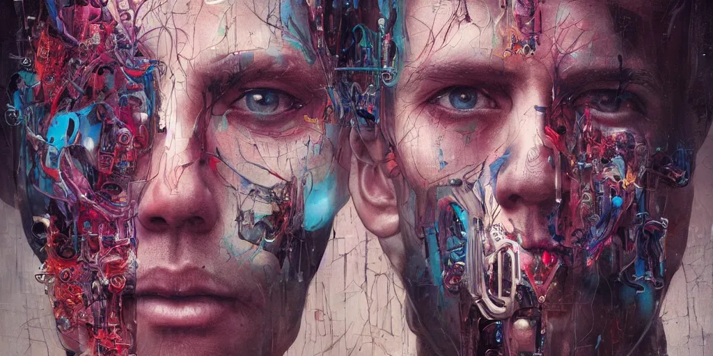 Prompt: portrait of a man in a secret society,8k,by tristan eaton,Stanley Artgermm,Tom Bagshaw,Greg Rutkowski,Carne Griffiths, Ayami Kojima, Beksinski, Giger,trending on DeviantArt,face enhance,hyper detailed,minimalist,cybernetic, android, blade runner,full of colour, super detailed