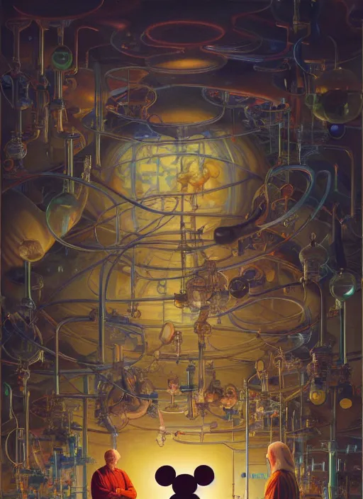 Image similar to scientists in laboratory, single giant mickey mouse face by donato giancola and greg rutkowski and wayne barlow and zdzisław beksinski, netflix logo, military base, colored gels, studio photography, 3 5 mm film look