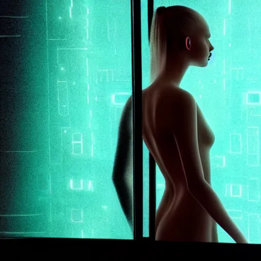 Image similar to silhouette of a Elle Fanning gazing in a mirror, pitch black room, extremely detailed masterpiece, oil on canvas, low-key neon lighting, artstation, Blade Runner 2049, Roger Deakin’s cinematography, by Julia Soboleva,