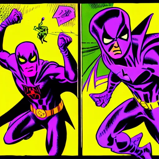 Prompt: a purple spiderman and purple batman by jack kirby