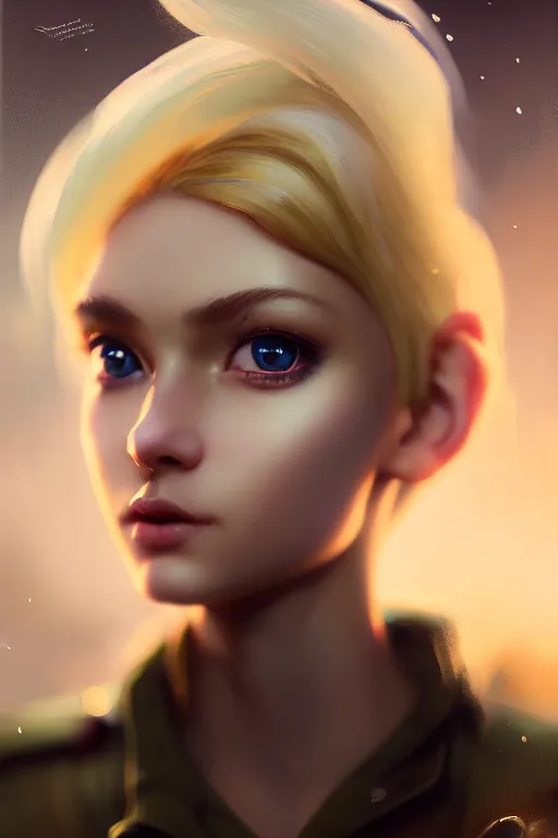 Image similar to cinematic shot of an epic portrait of a cute blonde fairy dressed in military clothes, stylised military clothes, shiny skin, beautiful eyes, beautiful, small details, night setting, realistic poster with volumetric light from craig mallism, artgerm, jeremy lipkin and michael garmash, unreal engine, radiant light, digital art, trends at art station, a masterpiece