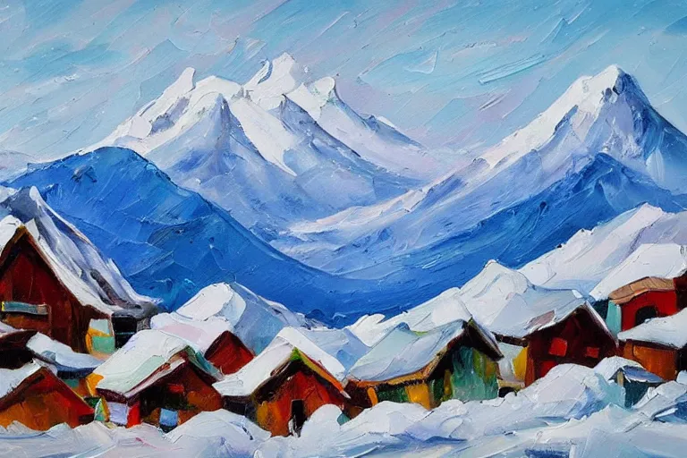 Image similar to beautiful snow mountain village, oil painting, oil in canvas, brushstrokes