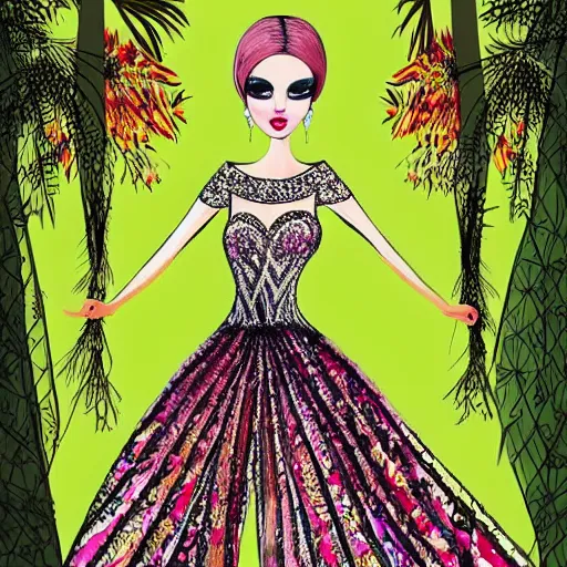 Prompt: zuhair murad gown fashion illustration by eko nugroho, jungle background, fine detail