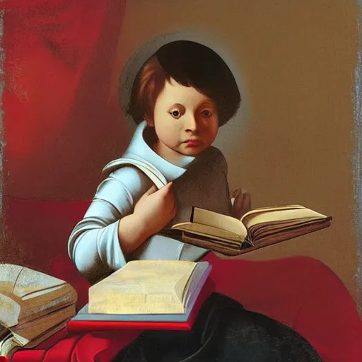 Prompt: minimalist full lenght portrait of a child reading books in a futuristic rich room. seen from the distance in the style of Caravaggio with flemish baroque vibrant shiny maximalist textures in soft pastel tones. matte background. HD 8x