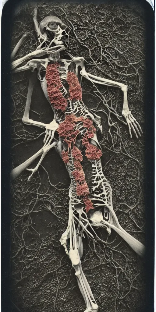 Image similar to an 1 9 1 0 polaroid photography of a very sad and detailed rotten woman corpse with fractal coral reefs and ornate growing all around, muscles, veins, arteries, bones, anatomical, skull, eye, ears, full body, intricate, surreal, ray caesar, john constable, guy denning, dan hillier, black and white