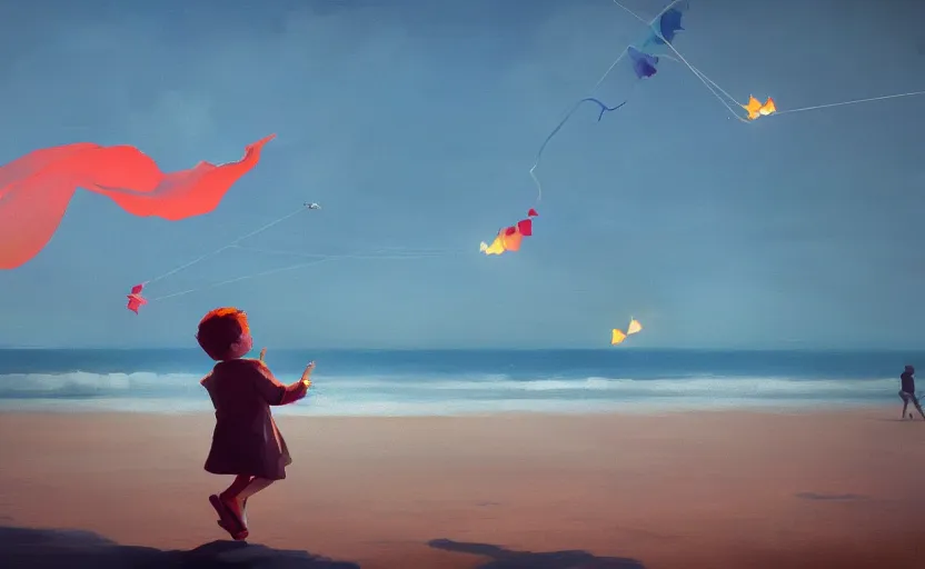 Prompt: child flying a kite at the beach by atey ghailan and garmash, michael, cinematic, volumetric lighting