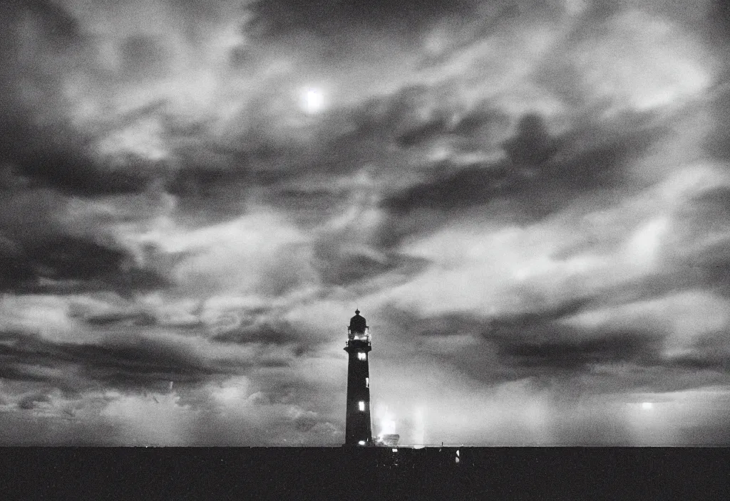 Prompt: lomo photo of burning lighthouse in the middle of a stormy sea, cinestill, bokeh, out of focus, night, dramatic lighting, streetlight