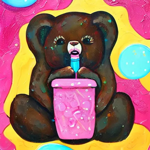 Image similar to a jeremiah ketner acrylic impasto!! illustration of an adorable and cute bear eating candy