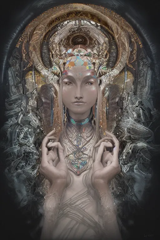 Image similar to a realistic dark photo of a beautiful ancient alien woman goddess in jewelery and fractals in style of alphonse mucha art nuvo dmt trending on artstation made in unreal engine 4