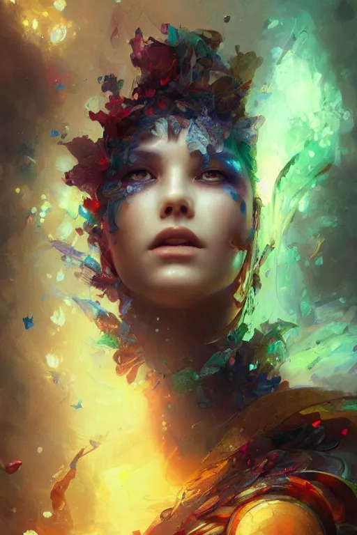 Image similar to face closeup of beautiful girl in intricate detailed color smashing fluid oilpaint, 3 d render, hyper realistic detailed portrait, color leaves, ruan jia, wlop. scifi, fantasy, hyper detailed, octane render, concept art, by peter mohrbacher, by wlop, by ruan jia