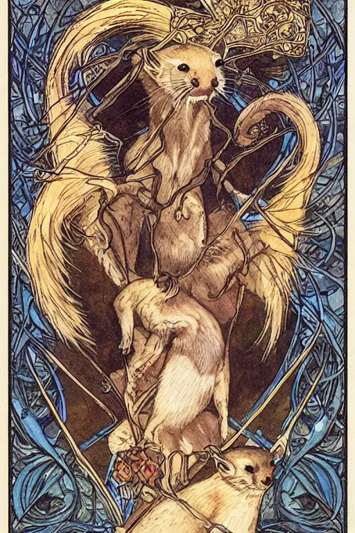 Image similar to Tarot card illustration of The Stoat, illustration by Ayami Kojima, furry art, art nouveau style, 4k