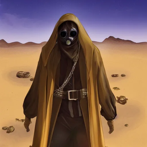 Image similar to a man wearing a long cloak and gasmask, in the desert, album cover, illustrated by Arik Roper, high detail, trending on artstation