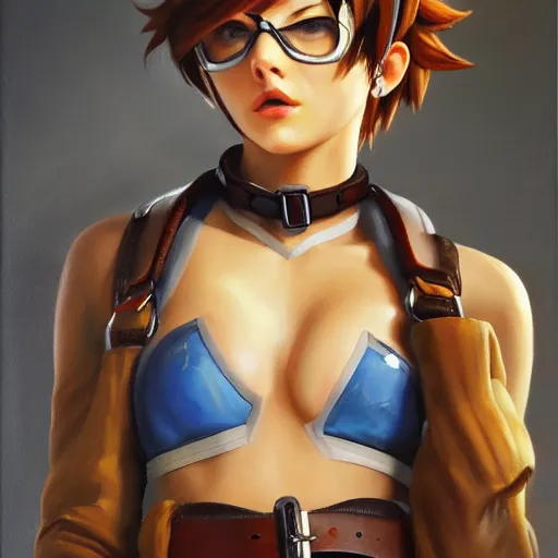 Image similar to oil painting of tracer overwatch in a field wearing large leather belt choker around neck, in style of mark arian, expressive face, detailed face, detailed eyes, full body, feminine face, tracer overwatch,