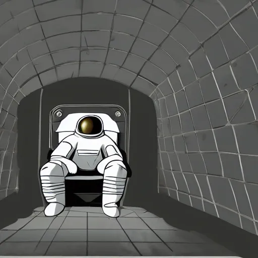 Prompt: an astronaut alone inside an empty dark hell room with, laughing pictures on the wall