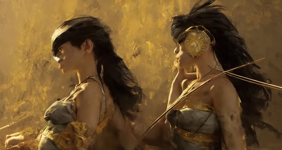 Image similar to craig mullins and ghibli digital art of masked female violinist, exotic costumes, gold jewelry, black hair, theater, large audience, solo on stage unreal engine, hyper realism, realistic shading, cinematic composition, realistic render, octane render, detailed textures, photorealistic, wide shot