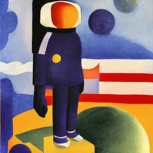 Image similar to A beautiful conceptual art of astronaut standing on a planet with a flag in the background. by August Macke soft, dull