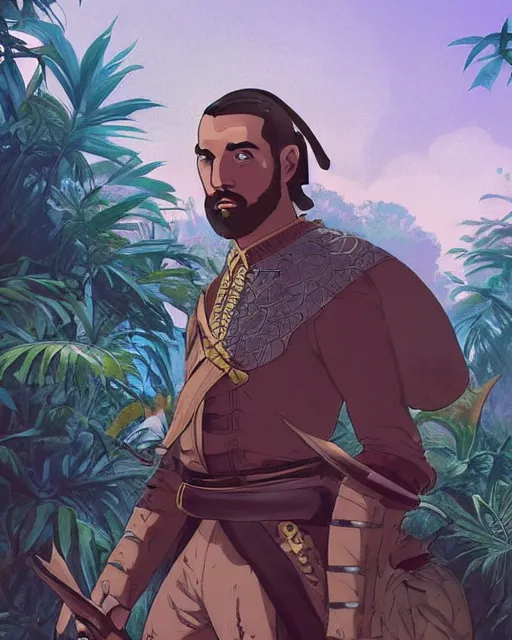 Image similar to portrait of karim benzema as a spanish conquistador in a jungle, by nicola saviori, charles williams and kilian eng, studio ghibli color scheme, highly detailed, rim light, cinematic lighting, illustration, art, octane render, very coherent, cinematic, hyper realism, high detail, 8 k