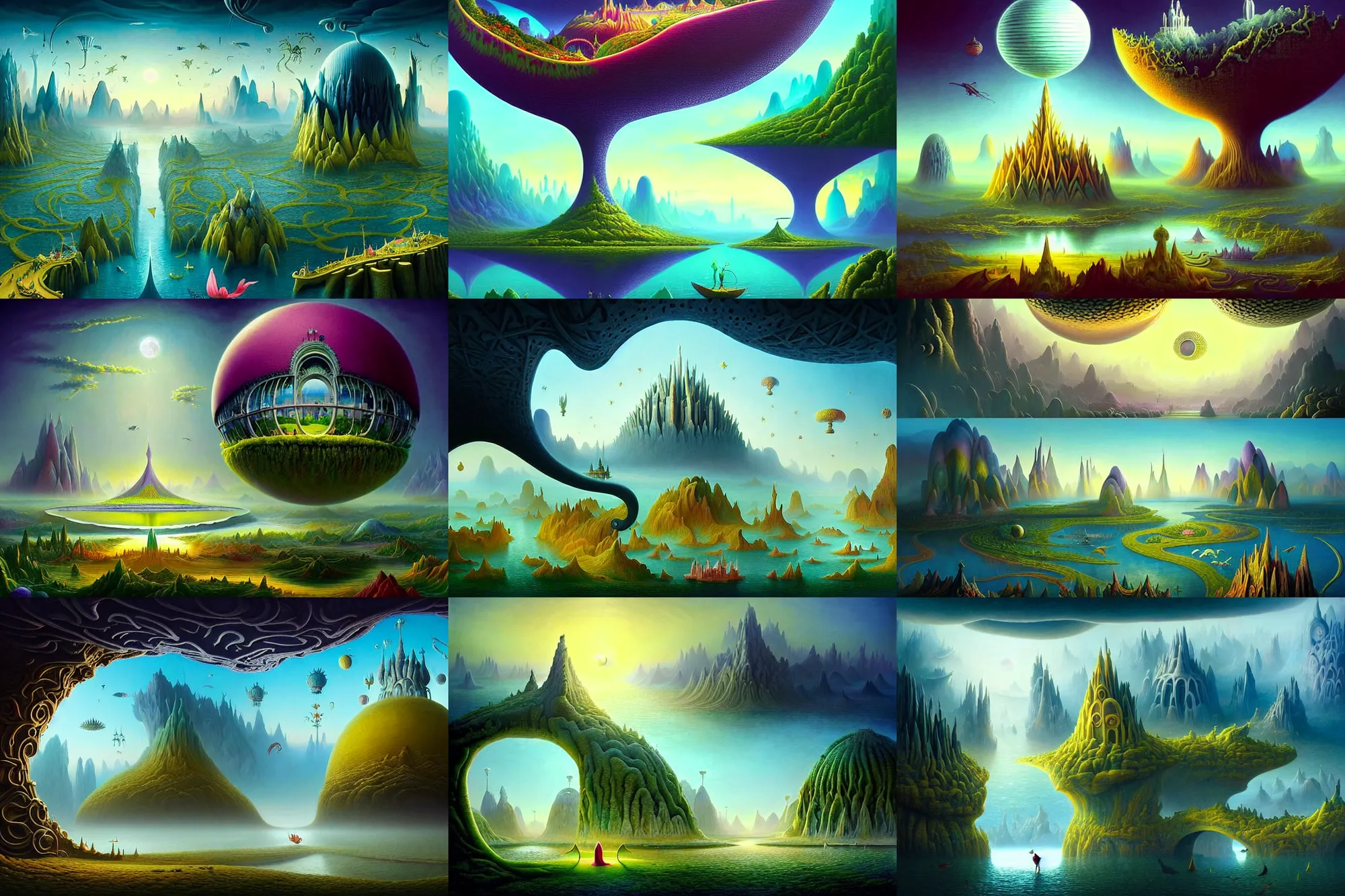 Prompt: a beautiful epic stunning amazing and insanely detailed matte painting of alien dream worlds with surreal architecture designed by Heironymous Bosch, mega structures inspired by Heironymous Bosch's Garden of Earthly Delights, vast surreal landscape and horizon by Asher Durand and Cyril Rolando and Peter Morbacher, rich pastel color palette, masterpiece!!, grand!, imaginative!!!, whimsical!!, epic scale, intricate details, sense of awe, elite, fantasy realism, complex composition, 4k post processing