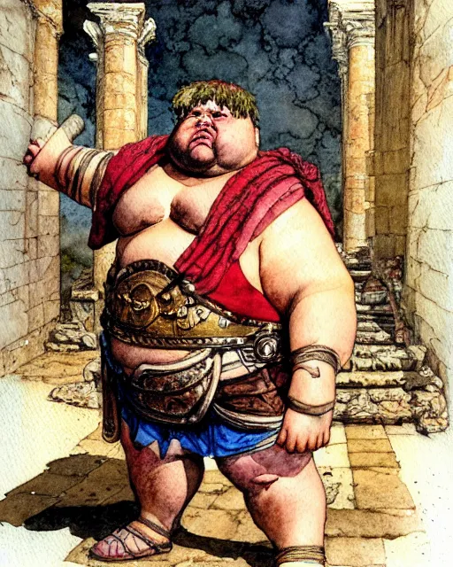 Image similar to a realistic and atmospheric watercolour fantasy character concept art portrait of a fat adorable chibi bulldog roman centurion in a roman temple, by rebecca guay, michael kaluta, charles vess and jean moebius giraud