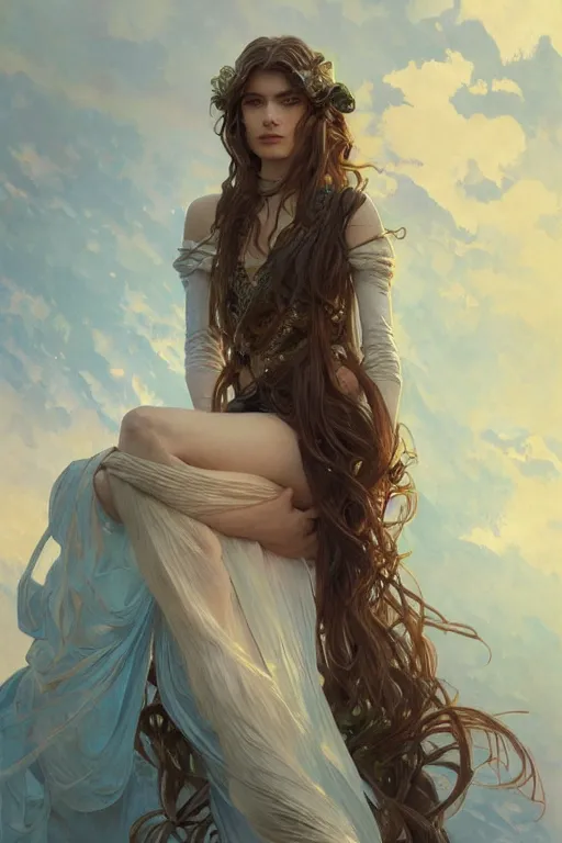 Image similar to portrait of everything, long hair, fantasy, elegant, intricate, full frontal shot, highly detailed, digital painting, artstation, concept art, sharp focus, illustration, art by artgerm and greg rutkowski and alphonse mucha