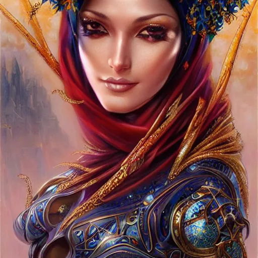 Image similar to a beautiful arabian woman by karol bak, ayami kojima, artgerm, arabian beauty, blue eyes, smile, concept art, fantasy