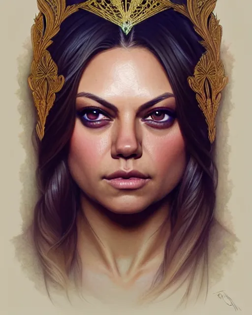 Image similar to symmetry portrait of mila kunis princess, forest background, intricate, elegant, highly detailed, digital painting, artstation, concept art, smooth, sharp focus, illustration, art by artgerm and greg rutkowski and fra angelico and alphons mucha