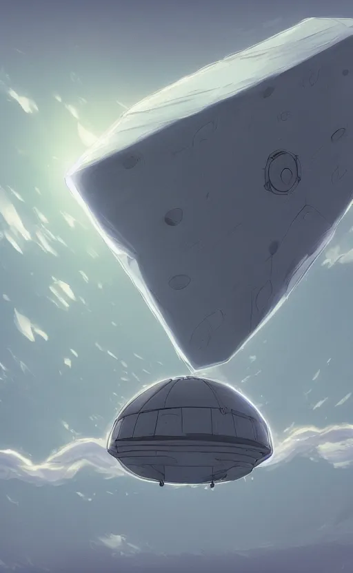 Image similar to an asymmetrical cell - shaded studio ghibli concept art study of a huge silver cube ufo in the sky. an elegant alien is on the ground. very dull colors,, hd, 4 k, hq