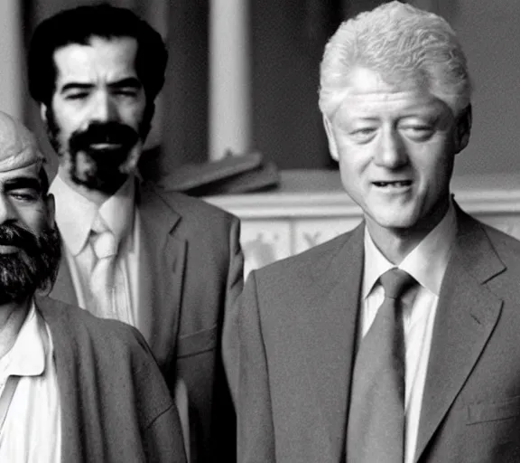 Prompt: Saddam Hussein and Bill Clinton in The Lighthouse. Directed by Robert Eggers, black and white on grainy film, expressionist horror