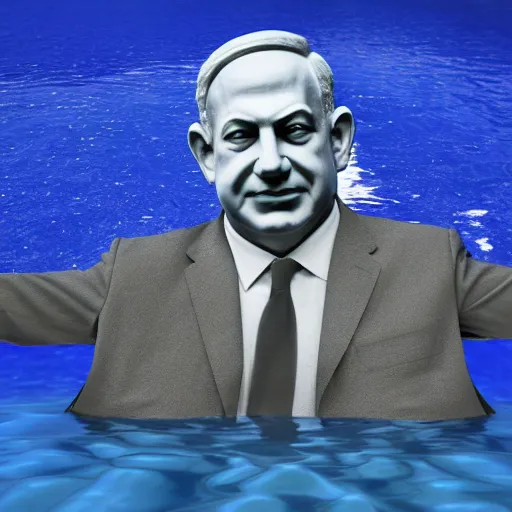 Image similar to a giant benjamin netanyahu sculpture made out of juicy red jelly inside a pool, long shot, hyper detailed, hyper realistic, ray tracing, 8 k resolution, sharp focus, realistic water, award winning