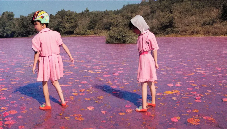 Image similar to 3 5 mm photography of kids wearing a codex seraphinianus costume in a pink lake h 1 1 0 0