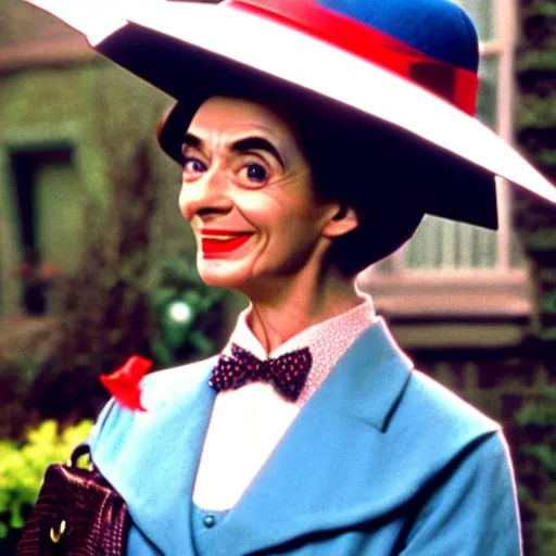 Image similar to mr bean as mary poppins. movie still. cinematic lighting.