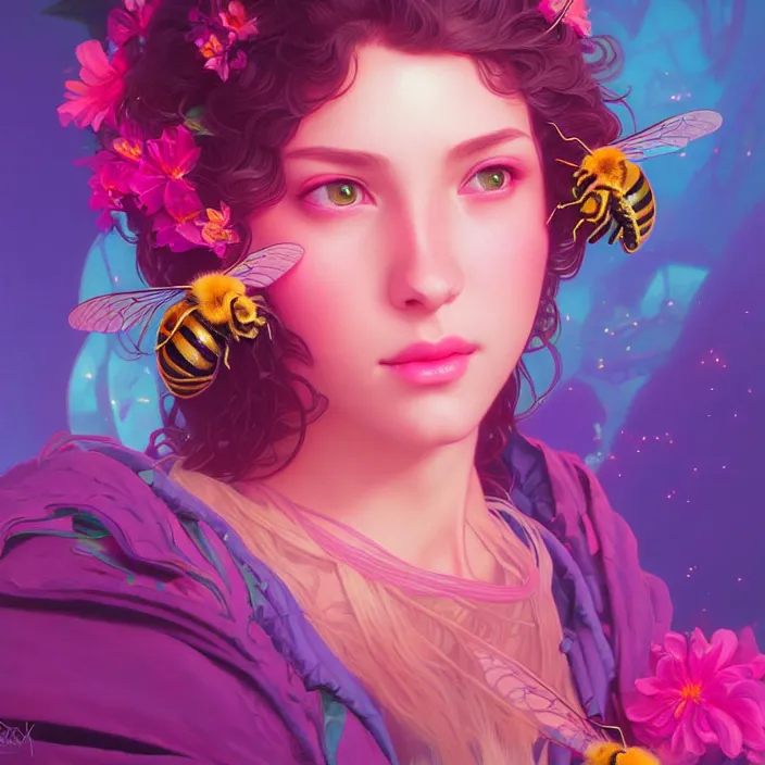 Image similar to young beautiful woman, gorgeous face, vaporwave aesthetic, synthwave, colorful, psychedelic, artstation, flowers, bees, concept art, smooth, extremely sharp detail, finely tuned detail, 8 k, unreal engine 5, ultra sharp focus, illustration, art by artgerm and greg rutkowski and alphonse mucha