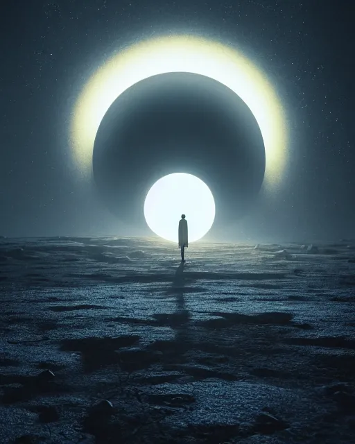 Image similar to a person standing in front of a glowy open door that's on a barren moon, poster art by mike winkelmann, trending on cg society, space art, sci - fi, ue 5, futuristic, volumetric lighting