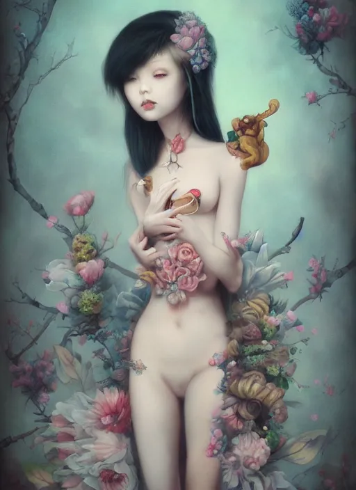 Image similar to pop surrealism, lowbrow art, realistic cute japanese girl wearing bikini painting, japanese street fashion, hyper realism, muted colours, rococo, natalie shau, loreta lux, tom bagshaw, mark ryden, trevor brown style,