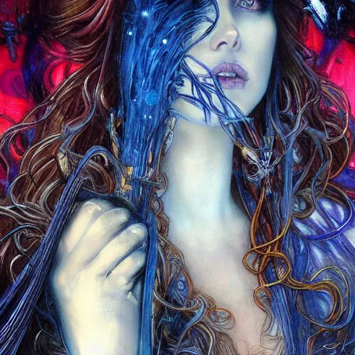 Prompt: masterpiece goddess of sorrow, realistic portrait, young woman, melancholic face, long hair, digital painting by louis royo and julie bell and mucha, dark tenebrous blue background, cinematic lights, aura effect, some chaotic sparkles, ink effects, unreal engine, artstation, deviantart, pinterest