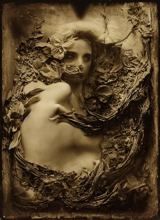 Image similar to old wetplate daguerreotype birth of venus, fractal, intricate, elegant, highly detailed, parallax, leica, medium format, subsurface scattering, by jheronimus bosch and greg rutkowski and louis jacques mande daguerre