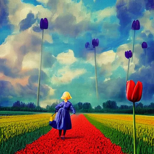 Image similar to dutch girl with singular giant tulip as a head, surreal photography, flower field, sunset dramatic light, impressionist painting, colorful clouds, blue sky, digital painting, artstation, simon stalenhag