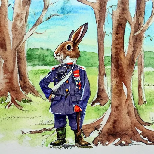 Image similar to a watercolour painting of a rabbit dressed as a ww1 soldier, standing in a muddy field with dead trees in the background