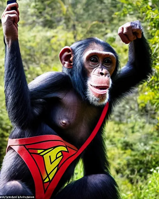 Image similar to A chimpanzee wearing a Wonder Woman outfit, holds a smart phone, photographed in the style of National Geographic, hyperreal