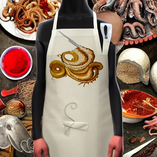 Image similar to old dirty wide ogr apron with huge knives, bottles of spices, pieces of octopus, final fantasy, highly detailed, trending on artstation